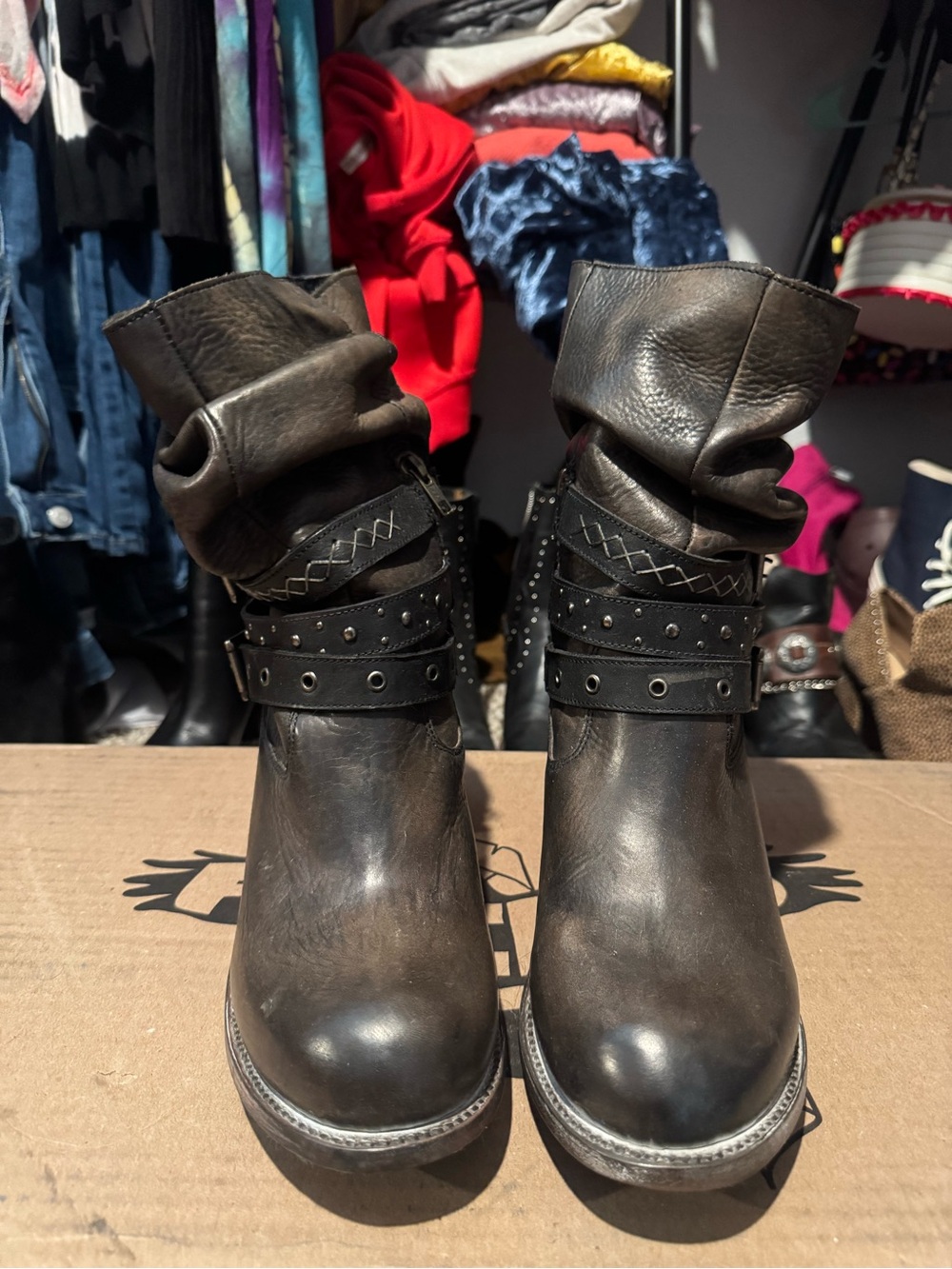 freebird Dark Brown Leather Mid Heel Buckle Ankle Boots sz 12 - Picture 2 of 5